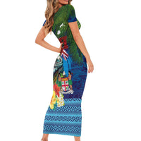 Fiji Iguana-Coat of Arms Short Sleeve Bodycon Dress with Hibiscus and Plumeria Palm Tree Tapa Art