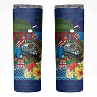Fiji Iguana-Coat of Arms Skinny Tumbler with Hibiscus and Plumeria Palm Tree Tapa Art