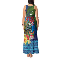 Fiji Iguana-Coat of Arms Tank Maxi Dress with Hibiscus and Plumeria Palm Tree Tapa Art