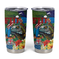 Fiji Iguana-Coat of Arms Tumbler Cup with Hibiscus and Plumeria Palm Tree Tapa Art
