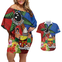 Personalised Fiji and Rotuma Together Couples Matching Off Shoulder Short Dress and Hawaiian Shirt Fjian Masi and Pacific Pattern Mix Culture
