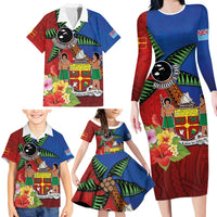 Personalised Fiji and Rotuma Together Family Matching Long Sleeve Bodycon Dress and Hawaiian Shirt Fjian Masi and Pacific Pattern Mix Culture