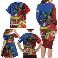 Personalised Fiji and Rotuma Together Family Matching Long Sleeve Bodycon Dress and Hawaiian Shirt Fjian Masi and Pacific Pattern Mix Culture