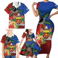 Personalised Fiji and Rotuma Together Family Matching Short Sleeve Bodycon Dress and Hawaiian Shirt Fjian Masi and Pacific Pattern Mix Culture