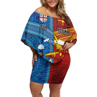 Personalised Fiji and Rotuma Together Family Matching Off Shoulder Short Dress and Hawaiian Shirt Tapa and Pacific Art Pattern with Cultural Emblems Half Style