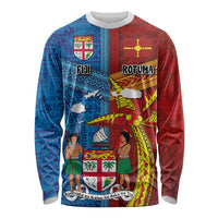 Personalised Fiji and Rotuma Together Long Sleeve Shirt Tapa and Pacific Art Pattern with Cultural Emblems Half Style