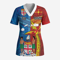 Personalised Fiji and Rotuma Together Scrub Top Tapa and Pacific Art Pattern with Cultural Emblems Half Style - Polynesian Pride