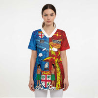Personalised Fiji and Rotuma Together Scrub Top Tapa and Pacific Art Pattern with Cultural Emblems Half Style - Polynesian Pride