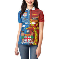 Personalised Fiji and Rotuma Together Women Polo Shirt Tapa and Pacific Art Pattern with Cultural Emblems Half Style