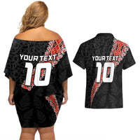Custom New Zealand Rugby Couples Matching Off Shoulder Short Dress and Hawaiian Shirt Maori and Silver Fern Half Style LT03 - Polynesian Pride