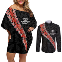 Custom New Zealand Rugby Couples Matching Off Shoulder Short Dress and Long Sleeve Button Shirt Maori and Silver Fern Half Style LT03 Black - Polynesian Pride