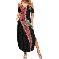 Custom New Zealand Rugby Summer Maxi Dress Maori and Silver Fern Half Style LT03 Women Black - Polynesian Pride