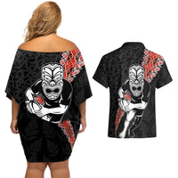 New Zealand Maori Warrior Rugby Couples Matching Off Shoulder Short Dress and Hawaiian Shirt Maori and Silver Fern Half Style