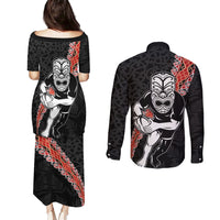 New Zealand Maori Warrior Rugby Couples Matching Puletasi and Long Sleeve Button Shirt Maori and Silver Fern Half Style LT03 - Polynesian Pride