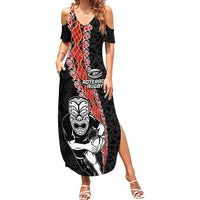 New Zealand Maori Warrior Rugby Summer Maxi Dress Maori and Silver Fern Half Style LT03 Women Black - Polynesian Pride