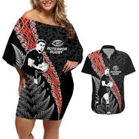 New Zealand Maori Rugby Player Couples Matching Off Shoulder Short Dress and Hawaiian Shirt Maori and Silver Fern Half Style