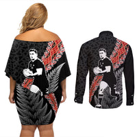 New Zealand Maori Rugby Player Couples Matching Off Shoulder Short Dress and Long Sleeve Button Shirt Maori and Silver Fern Half Style