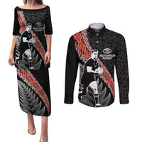 New Zealand Maori Rugby Player Couples Matching Puletasi and Long Sleeve Button Shirt Maori and Silver Fern Half Style