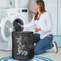 Hawaiian Monk Seal and Whale Laundry Basket Kakau Tribal Pattern Grayscale