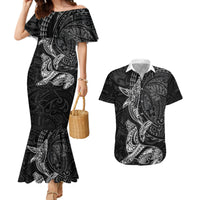 Hawaiian Monk Seal and Whale Couples Matching Mermaid Dress and Hawaiian Shirt Kakau Tribal Pattern Grayscale