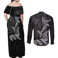 Hawaiian Monk Seal and Whale Couples Matching Off Shoulder Maxi Dress and Long Sleeve Button Shirt Kakau Tribal Pattern Grayscale