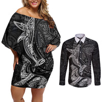 Hawaiian Monk Seal and Whale Couples Matching Off Shoulder Short Dress and Long Sleeve Button Shirt Kakau Tribal Pattern Grayscale