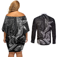 Hawaiian Monk Seal and Whale Couples Matching Off Shoulder Short Dress and Long Sleeve Button Shirt Kakau Tribal Pattern Grayscale