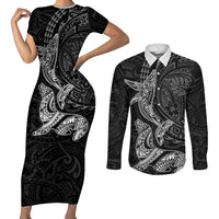 Hawaiian Monk Seal and Whale Couples Matching Short Sleeve Bodycon Dress and Long Sleeve Button Shirt Kakau Tribal Pattern Grayscale
