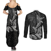 Hawaiian Monk Seal and Whale Couples Matching Summer Maxi Dress and Long Sleeve Button Shirt Kakau Tribal Pattern Grayscale