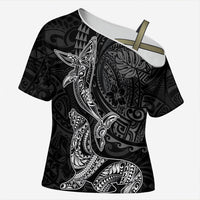 Hawaiian Monk Seal and Whale Cross Shoulder Shirt Kakau Tribal Pattern Grayscale
