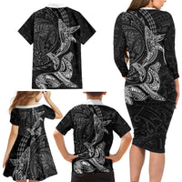Hawaiian Monk Seal and Whale Family Matching Long Sleeve Bodycon Dress and Hawaiian Shirt Kakau Tribal Pattern Grayscale