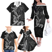 Hawaiian Monk Seal and Whale Family Matching Off The Shoulder Long Sleeve Dress and Hawaiian Shirt Kakau Tribal Pattern Grayscale