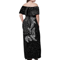 Hawaiian Monk Seal and Whale Family Matching Off Shoulder Maxi Dress and Hawaiian Shirt Kakau Tribal Pattern Grayscale