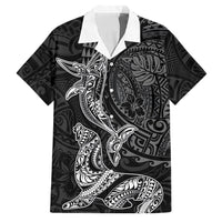 Hawaiian Monk Seal and Whale Family Matching Off Shoulder Short Dress and Hawaiian Shirt Kakau Tribal Pattern Grayscale