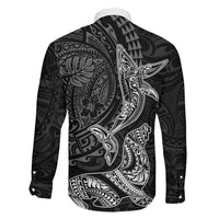 Hawaiian Monk Seal and Whale Family Matching Off Shoulder Short Dress and Hawaiian Shirt Kakau Tribal Pattern Grayscale
