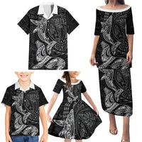 Hawaiian Monk Seal and Whale Family Matching Puletasi and Hawaiian Shirt Kakau Tribal Pattern Grayscale