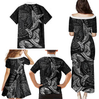 Hawaiian Monk Seal and Whale Family Matching Puletasi and Hawaiian Shirt Kakau Tribal Pattern Grayscale