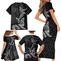 Hawaiian Monk Seal and Whale Family Matching Short Sleeve Bodycon Dress and Hawaiian Shirt Kakau Tribal Pattern Grayscale