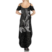 Hawaiian Monk Seal and Whale Family Matching Summer Maxi Dress and Hawaiian Shirt Kakau Tribal Pattern Grayscale