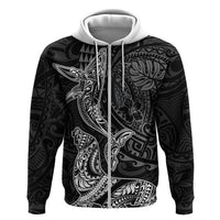 Hawaiian Monk Seal and Whale Hoodie Kakau Tribal Pattern Grayscale LT03 Zip Hoodie Black - Polynesian Pride