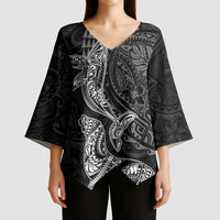 Hawaiian Monk Seal and Whale Kimono Sleeve Blouse Kakau Tribal Pattern Grayscale LT03 - Polynesian Pride