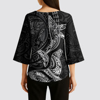 Hawaiian Monk Seal and Whale Kimono Sleeve Blouse Kakau Tribal Pattern Grayscale LT03 - Polynesian Pride