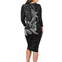 Hawaiian Monk Seal and Whale Long Sleeve Bodycon Dress Kakau Tribal Pattern Grayscale