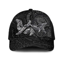 Hawaiian Monk Seal and Whale Mesh Trucker Cap Kakau Tribal Pattern Grayscale