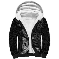 Hawaiian Monk Seal and Whale Sherpa Hoodie Kakau Tribal Pattern Grayscale