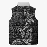 Hawaiian Monk Seal and Whale Sleeveless Puffer Jacket Kakau Tribal Pattern Grayscale