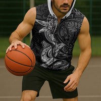 Hawaiian Monk Seal and Whale Sleeveless Zip Hoodie Kakau Tribal Pattern Grayscale