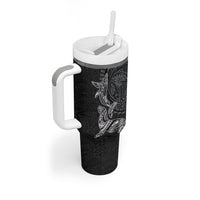 Hawaiian Monk Seal and Whale Tumbler With Handle Kakau Tribal Pattern Grayscale