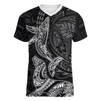 Hawaiian Monk Seal and Whale Women V-Neck T-Shirt Kakau Tribal Pattern Grayscale LT03 Female Black - Polynesian Pride