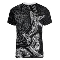 Hawaiian Monk Seal and Whale Women V-Neck T-Shirt Kakau Tribal Pattern Grayscale LT03 - Polynesian Pride
